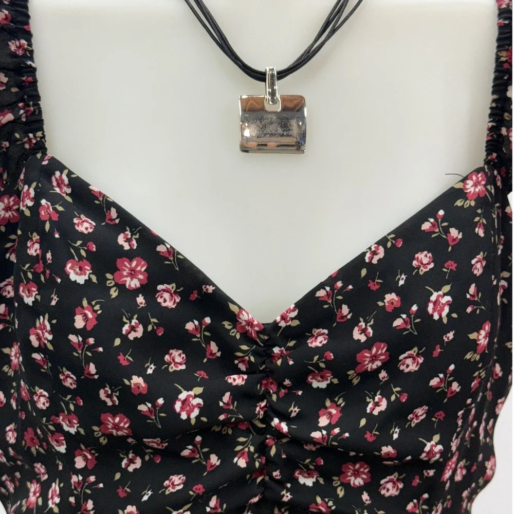 Lola Grace Floral Midi Dress Womens Medium Black Pink Flutter Sleeve Cottagecore